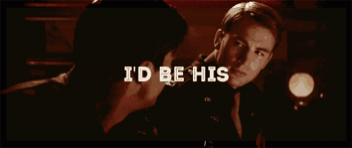 two men looking at each other with the words " i 'd be his " written above them