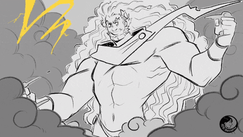 a black and white drawing of a man with long hair and a sword