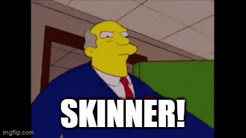 a cartoon character says skinner in a blue suit and red tie