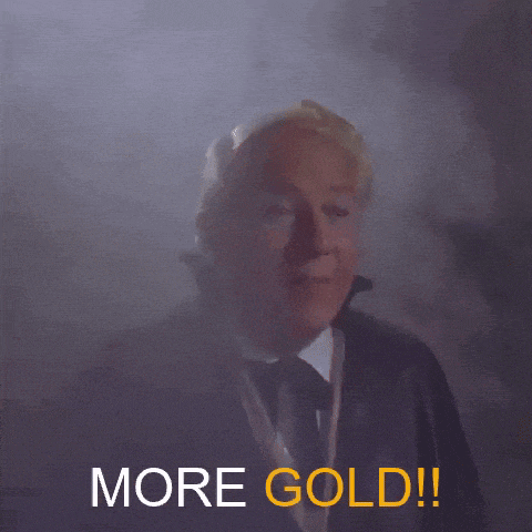 a man in a suit and tie with the words more gold written below him