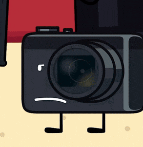 a cartoon drawing of a camera with legs and a sad face