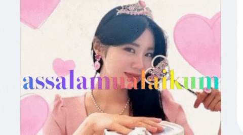 a woman in a pink dress is surrounded by pink hearts and the words assalamualaikum on the bottom