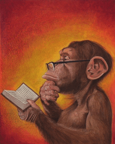 a chimpanzee wearing glasses is holding a book