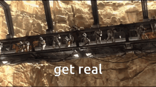 a group of soldiers are walking across a bridge with the words get real written on the bottom