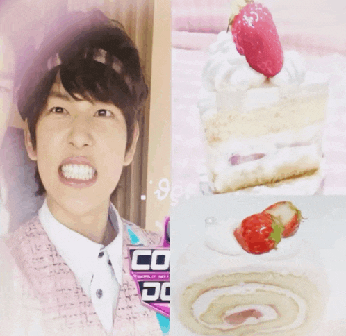a picture of a man and a picture of a cake with a strawberry on top
