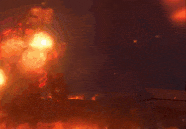 a painting of a city on fire with a few buildings in the foreground