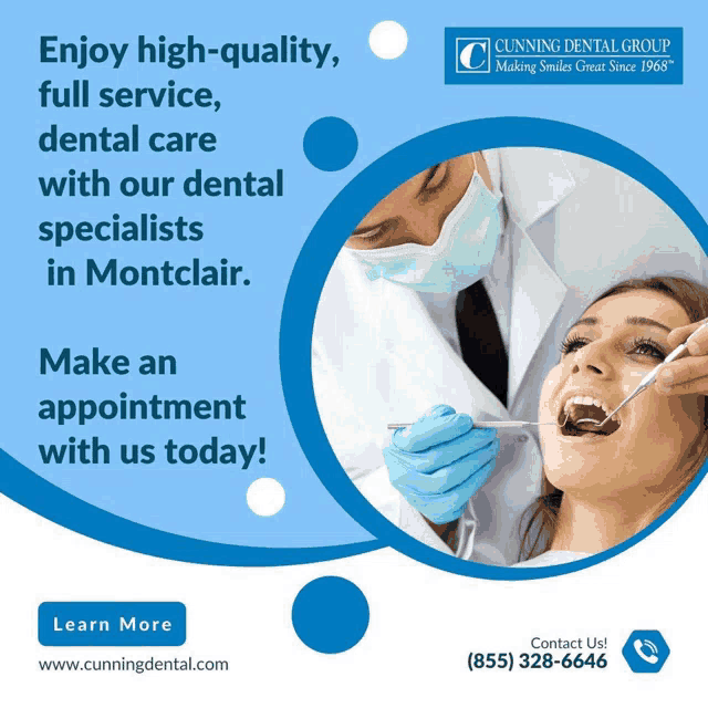an advertisement for cunning dental group shows a woman getting her teeth examined by a dentist