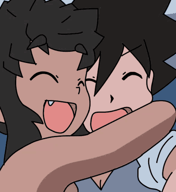 a couple of cartoon characters hugging each other and smiling