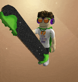 a cartoon character is holding a skateboard with a green grip