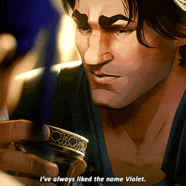 a cartoon of a man holding a cup with the words i 've always liked the name violet