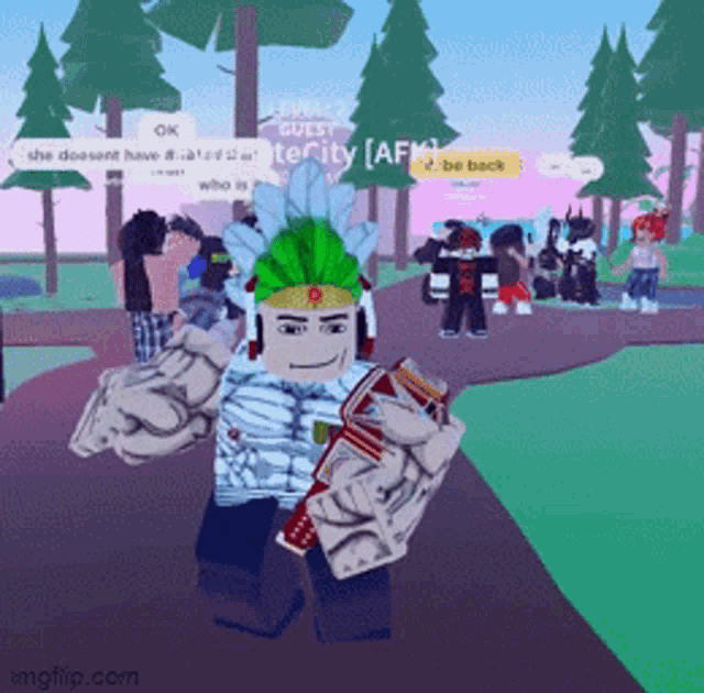 a video game character with a green headdress holding a shield