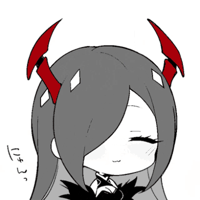 a black and white drawing of a girl with red horns and the letters t on the bottom left