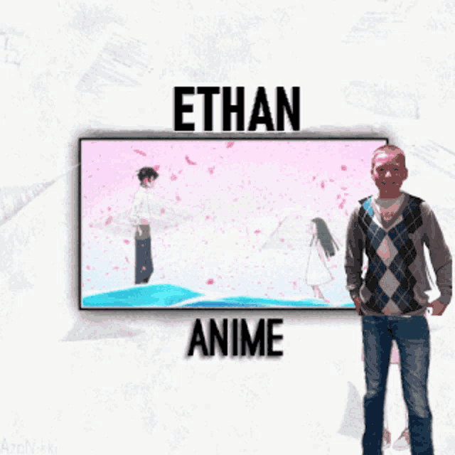 a man is standing in front of a screen with the words ethan anime on it