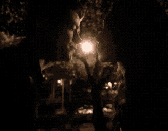 a man and woman are kissing in the dark in front of a street light .