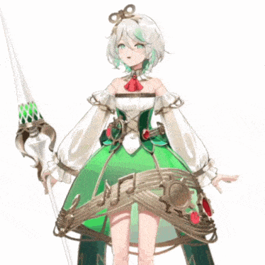 a girl in a green dress is holding a musical instrument in her hand