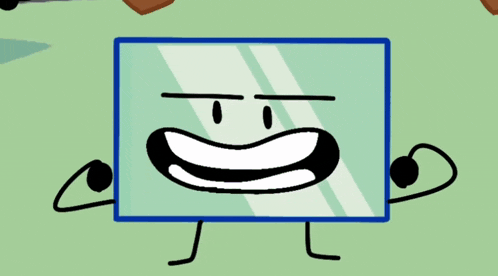 a cartoon character is holding a picture of a rainbow colored object