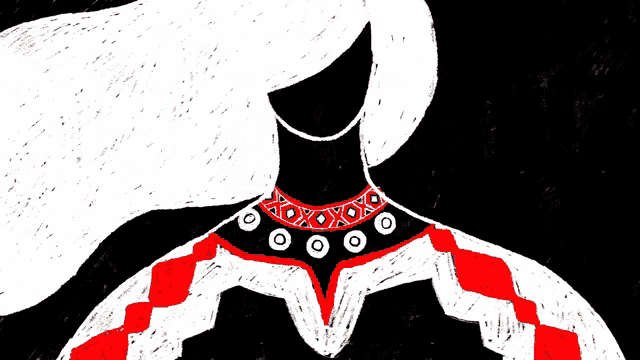 a black and white drawing of a woman wearing a red and black necklace