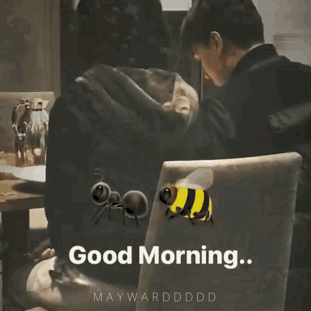 a bee is sitting on a chair with the words " good morning " written below it