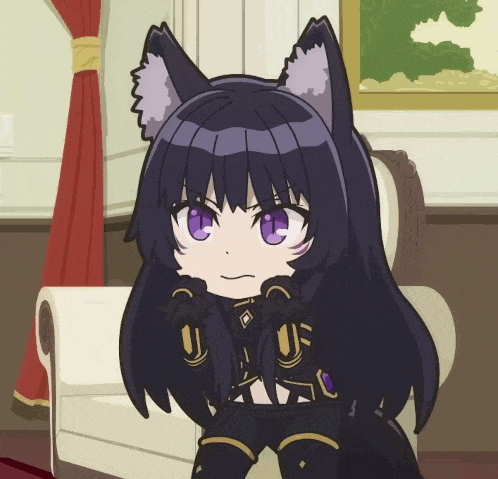 a cartoon character with black hair and purple eyes is sitting on a chair
