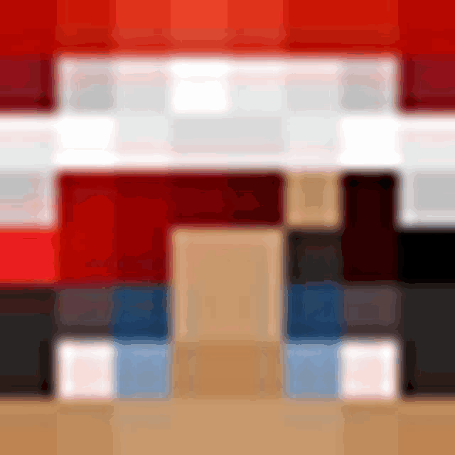 a close up of a minecraft character 's face with a red shirt and blue pants .