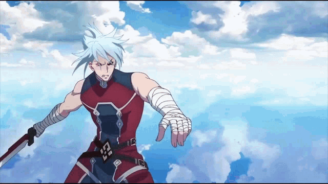 a man with bandages on his hands is holding a sword in the air