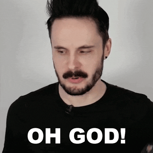 a man with a beard and mustache is making a funny face and says " oh god "