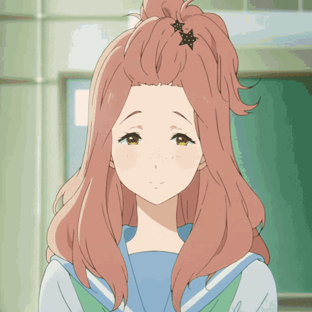 a girl with long pink hair has a star in her hair clip