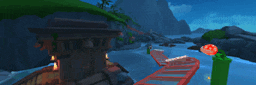 a blurred image of a video game with a red bridge