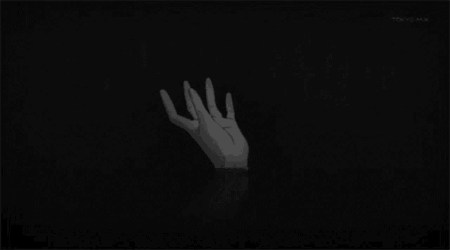 a black and white drawing of a hand sticking out of the dark .