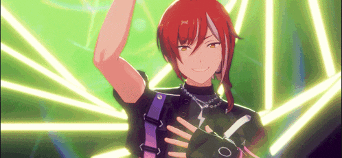 a red haired anime character is standing in front of a green background with a lightning bolt on his chest .