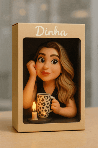 a box with a picture of a woman holding a cup of coffee and a candle