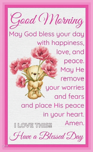 a good morning message with a teddy bear holding a bouquet of pink flowers .