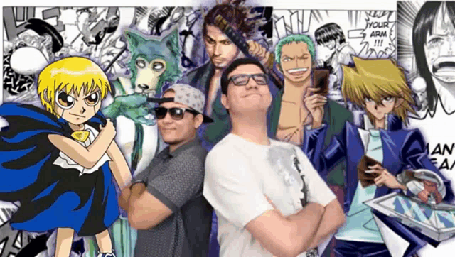 a group of anime characters are posing for a picture with one of them saying your arm