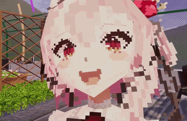 a pixel art of a girl with pink hair