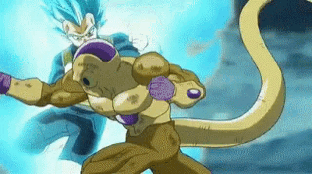 a cartoon character is fighting another cartoon character in a battle with a long tail .