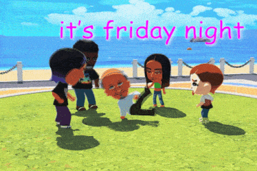 a cartoon of a group of people with the words " it 's friday night " on the bottom