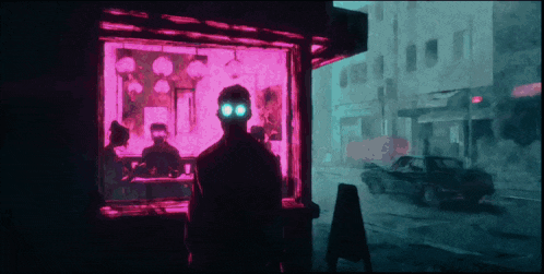 a painting of a man with glowing eyes standing in front of a store
