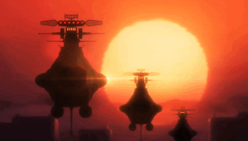a group of spaceships are flying in front of a sunset