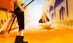a man is holding a sword in front of a building while another man stands behind him .