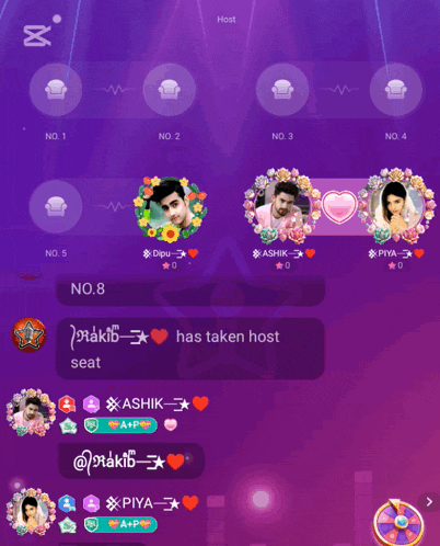 a screenshot of a chat with a purple background and the words has taken host