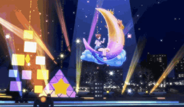 a girl is sitting on a crescent moon surrounded by lights