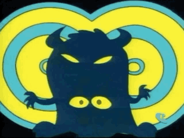 a cartoon monster with horns and big eyes is sitting in front of a heart shaped background .