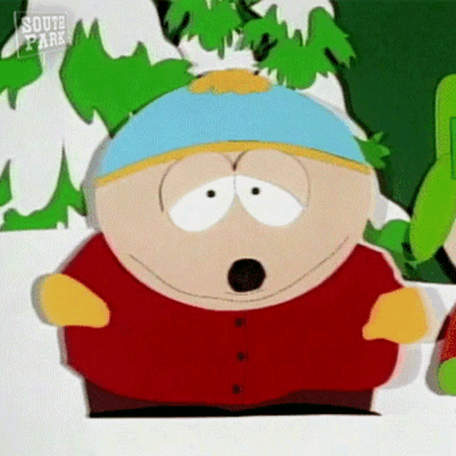 a cartoon character from south park is smiling with his mouth open .