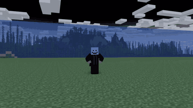 a minecraft character is standing in a field with trees in the background
