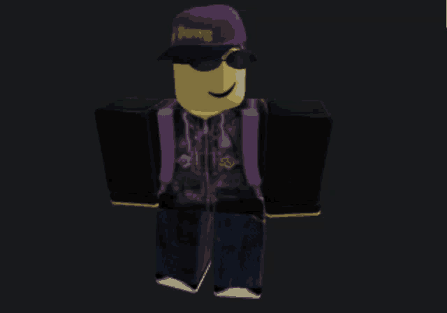 a roblox character is wearing a purple hat that says thrasher on it