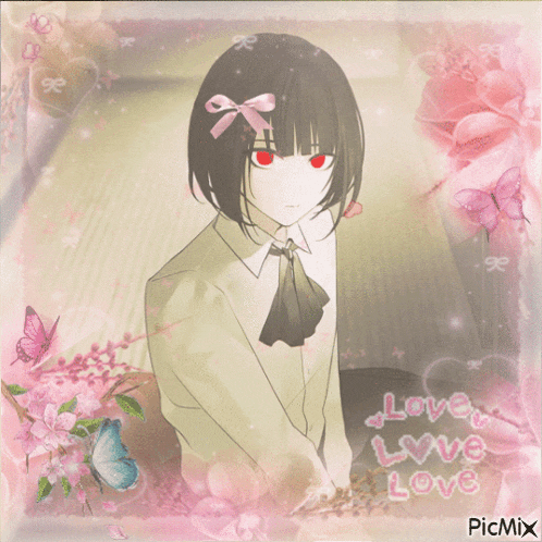a girl with red eyes is surrounded by flowers and butterflies and the words love love love