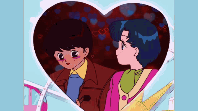 a boy and a girl are standing in a heart shaped frame