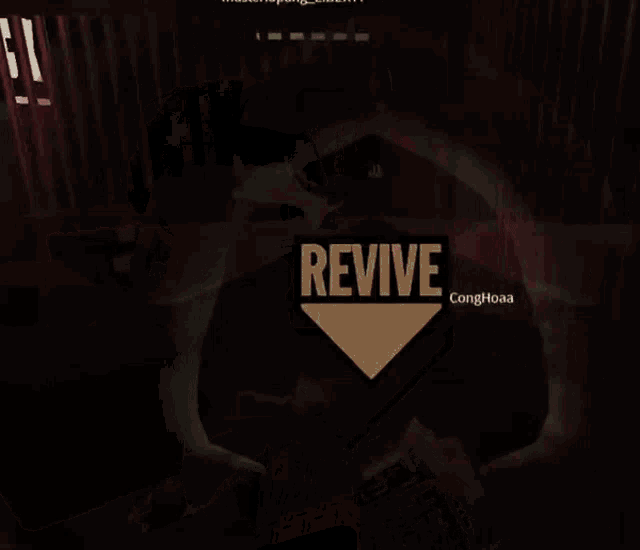 the word revive is on a white triangle