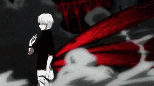 a man with white hair is standing in front of a red winged monster .