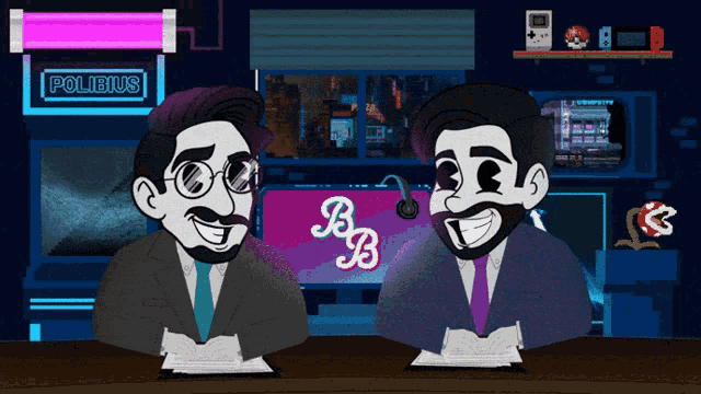 a cartoon of two men sitting at a desk with a sign that says polibius
